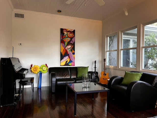 living area featuring crown molding, wood-type flooring, and ceiling fan