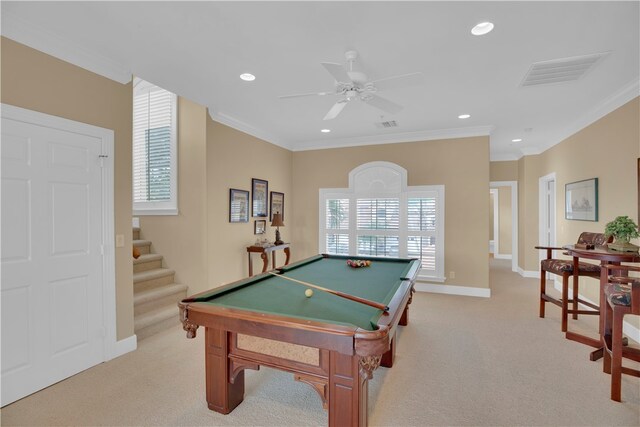 recreation room featuring light colored carpet, pool table, and ornamental molding