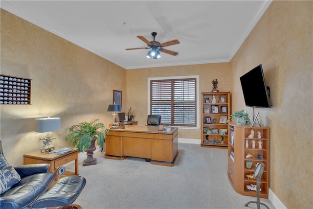 carpeted office featuring ceiling fan and crown molding