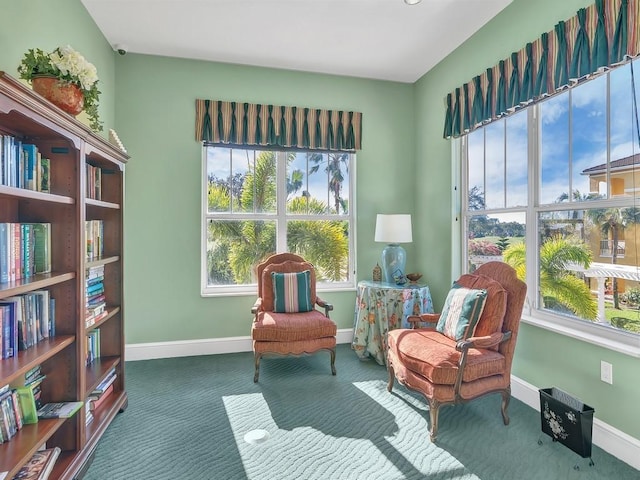 sitting room featuring carpet flooring and baseboards