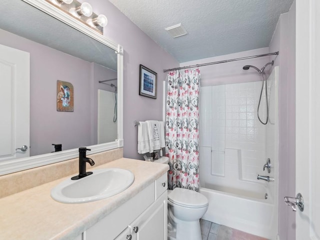 full bath featuring vanity, visible vents, shower / tub combo, a textured ceiling, and toilet