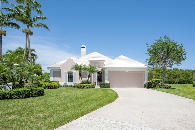 view of front of property with a garage and a front lawn