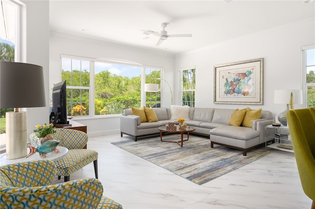 living room with ceiling fan and ornamental molding