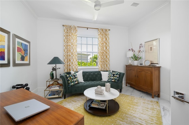 living room with ceiling fan and ornamental molding