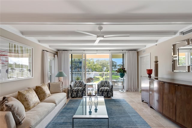 tiled living room featuring ornamental molding and beamed ceiling