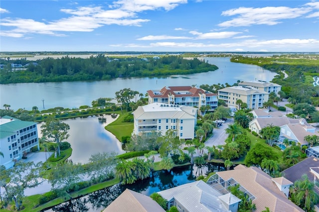 drone / aerial view featuring a water view