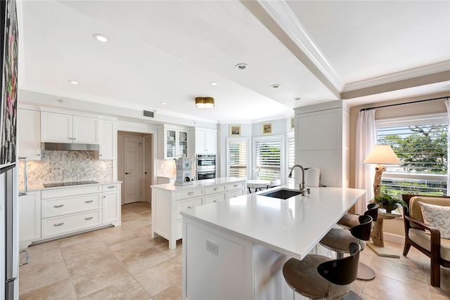 kitchen featuring plenty of natural light, sink, a kitchen island with sink, and white cabinetry