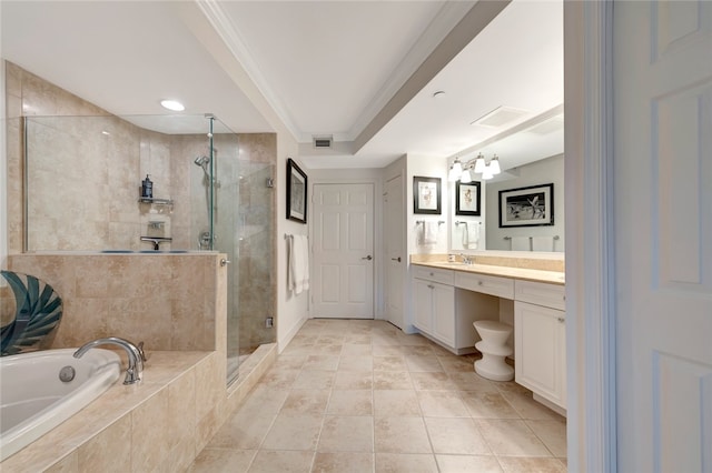 bathroom with shower with separate bathtub, vanity, and tile patterned floors