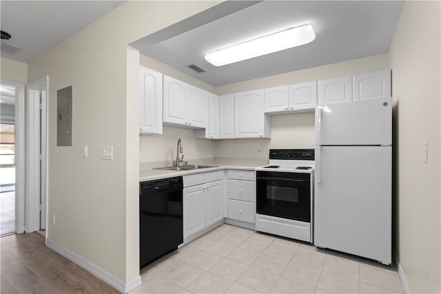 kitchen featuring white cabinets, white appliances, sink, and electric panel