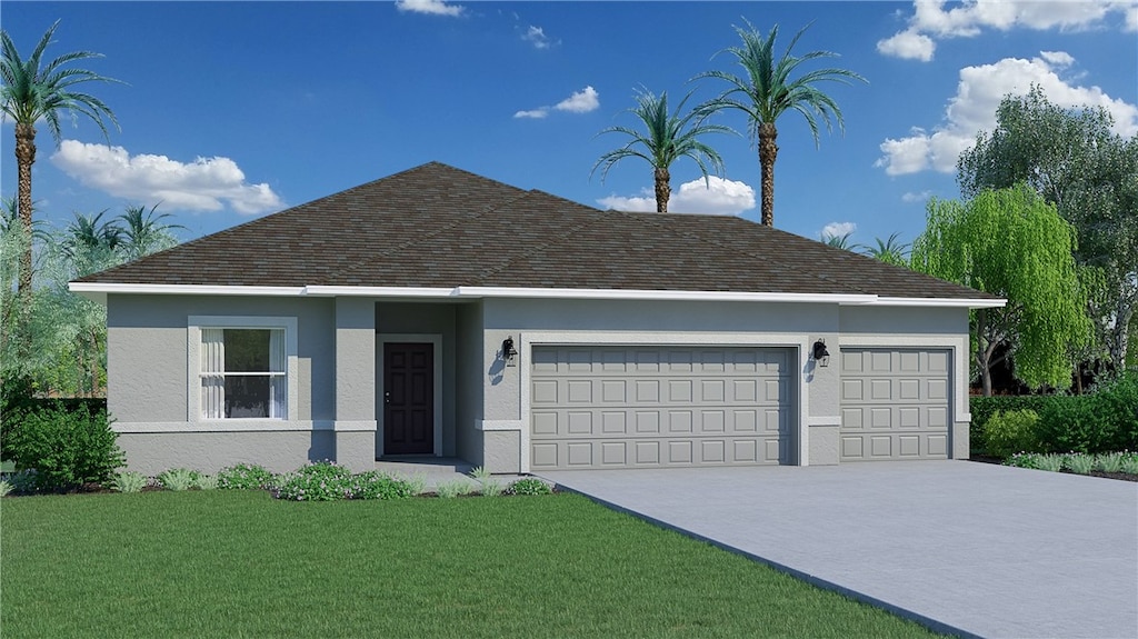 view of front of property featuring a garage and a front lawn