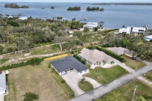 drone / aerial view featuring a water view