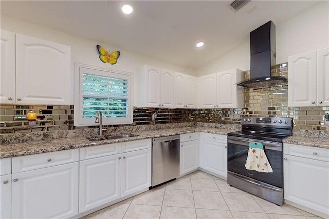 kitchen featuring white cabinets, ventilation hood, appliances with stainless steel finishes, and sink