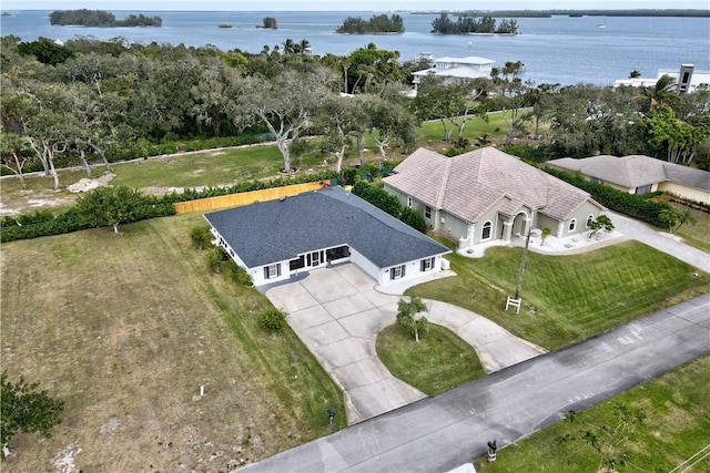 aerial view featuring a water view