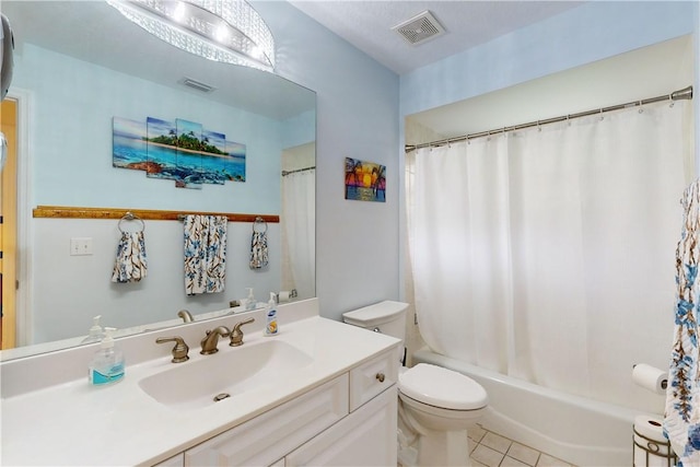 full bathroom with toilet, vanity, tile patterned flooring, and shower / tub combo