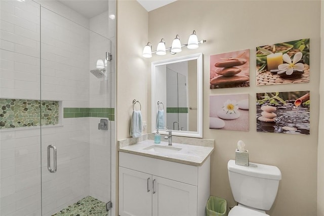 full bathroom with vanity, toilet, and a shower stall