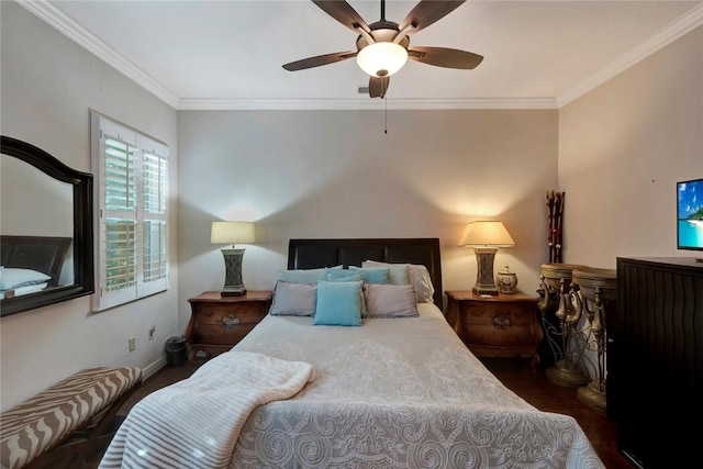 bedroom with ceiling fan, dark wood-type flooring, and ornamental molding