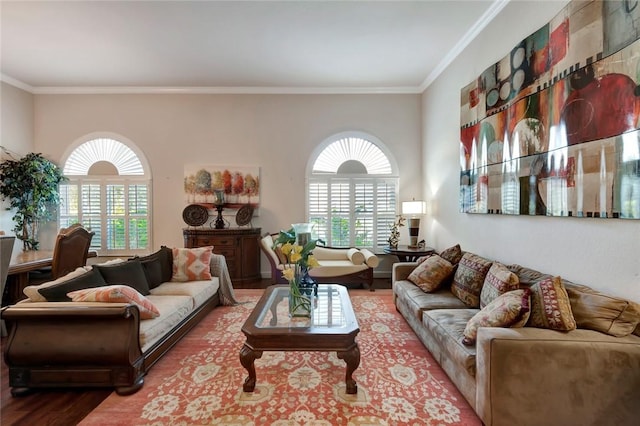 living room with hardwood / wood-style floors and ornamental molding