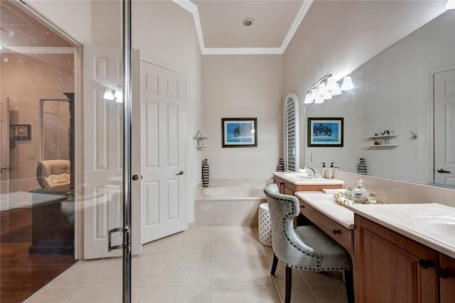1781 Belmont Cir SW, Vero Beach, FL 32968 - bathroom featuring vanity, a garden tub, a shower stall, tile patterned flooring, and crown molding