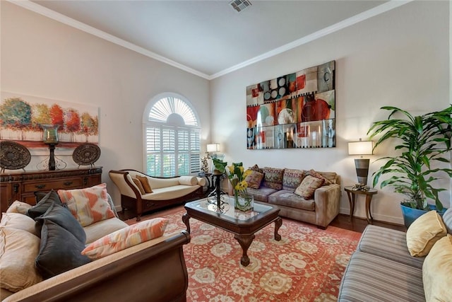 living room with hardwood / wood-style flooring and ornamental molding