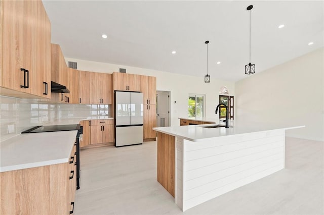 9670 Riverview Dr, Micco, FL 32976 - kitchen featuring freestanding refrigerator, exhaust hood, electric range, decorative backsplash, and light countertops