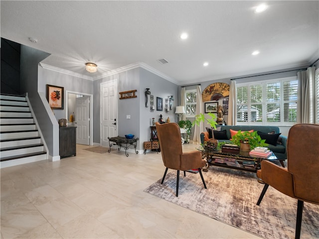 living room featuring ornamental molding