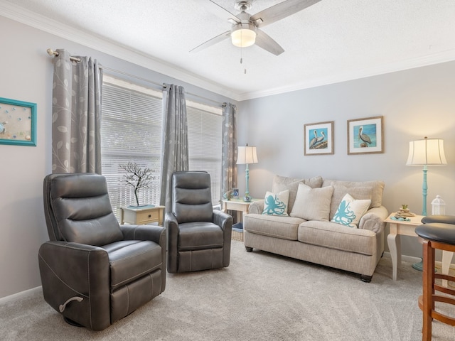 living room with ceiling fan, a textured ceiling, light carpet, and ornamental molding