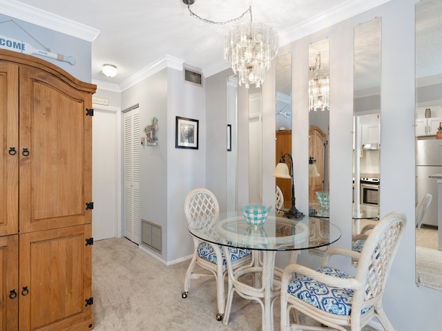 dining area with light carpet and crown molding