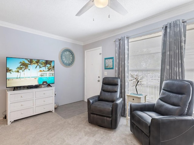 2800 Indian River Blvd Unit M7, Vero Beach, FL 32960 - living area with ornamental molding, a ceiling fan, and carpet flooring
