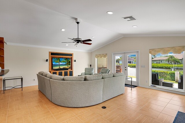 living room featuring french doors, crown molding, light wood-type flooring, vaulted ceiling, and ceiling fan