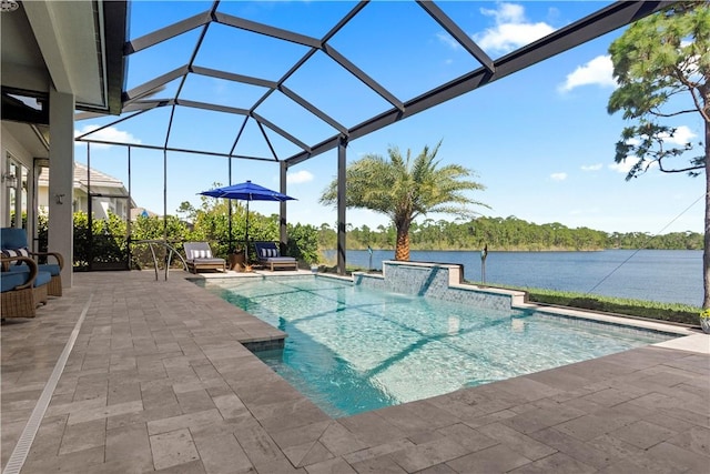 view of swimming pool with a patio, a water view, and a lanai