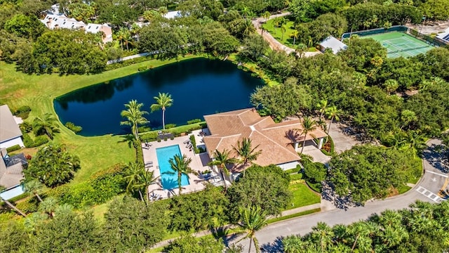 drone / aerial view featuring a water view