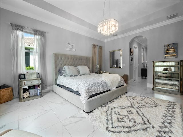 bedroom with ornamental molding and a notable chandelier