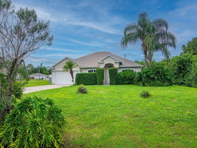 view of front of property featuring a garage and a front lawn