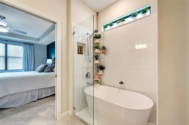 bathroom with shower with separate bathtub, tile patterned floors, and ceiling fan