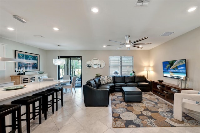 living room featuring ceiling fan