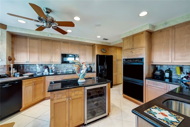 kitchen with beverage cooler, decorative backsplash, black appliances, light tile patterned flooring, and ceiling fan