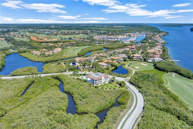 bird's eye view with a water view