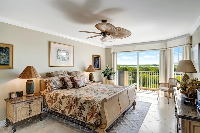 tiled bedroom featuring ceiling fan, crown molding, and access to outside