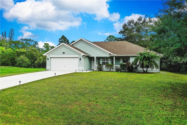 ranch-style home with covered porch, a garage, and a front lawn