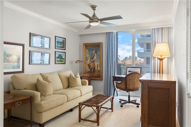 3554 Ocean Dr Unit 403S, Vero Beach, FL 32963 - living room with a ceiling fan, crown molding, and carpet
