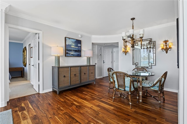 3554 Ocean Dr Unit 403S, Vero Beach, FL 32963 - dining space with ornamental molding, dark wood-style floors, and a chandelier
