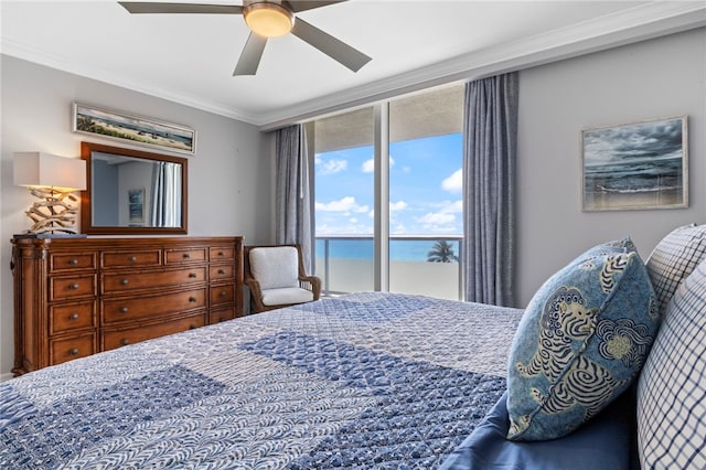 3554 Ocean Dr Unit 403S, Vero Beach, FL 32963 - bedroom with ornamental molding, ceiling fan, and a water view