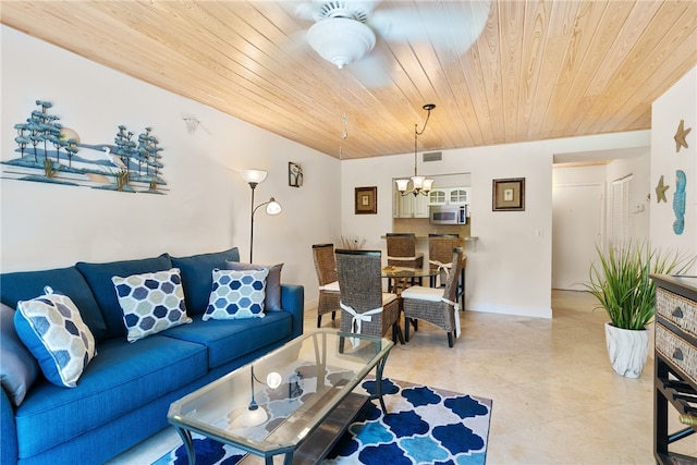 living room with wooden ceiling and a notable chandelier