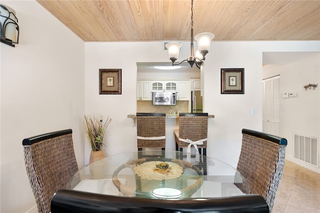 dining space with light tile patterned floors, wood ceiling, and an inviting chandelier