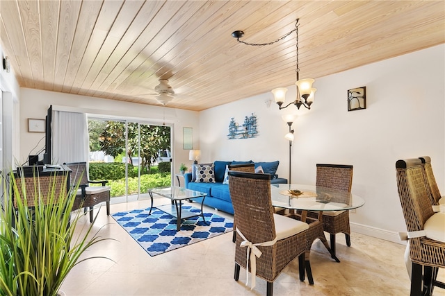 dining room featuring ceiling fan with notable chandelier and wooden ceiling