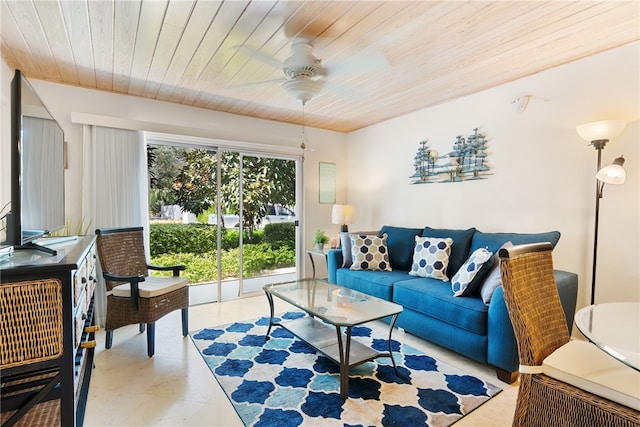 living room with ceiling fan and wood ceiling