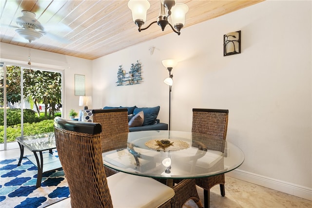 dining area featuring wooden ceiling and ceiling fan with notable chandelier