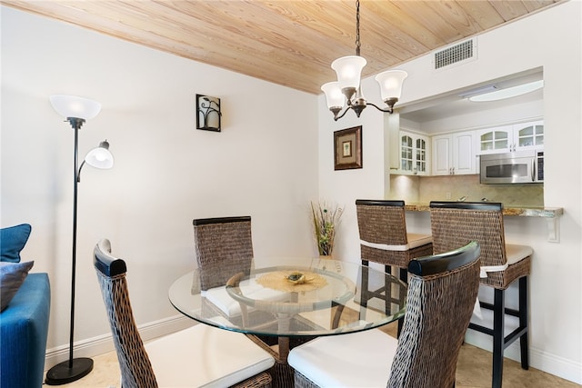 dining room featuring a chandelier and wooden ceiling