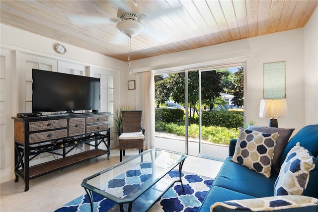 living room featuring ceiling fan and wood ceiling