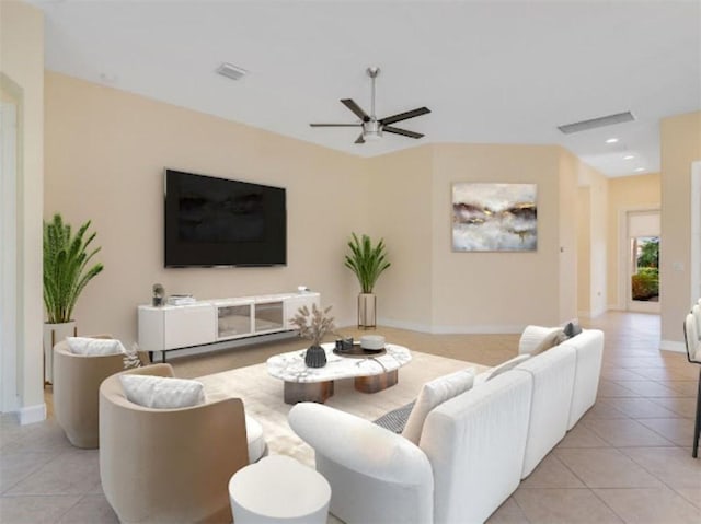 living room with light tile patterned flooring and ceiling fan